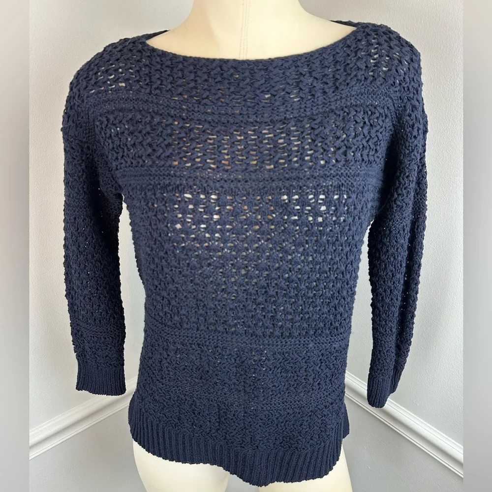 LOFT Navy Textured Open Stitch Knit Pullover Sweater | Size XS
